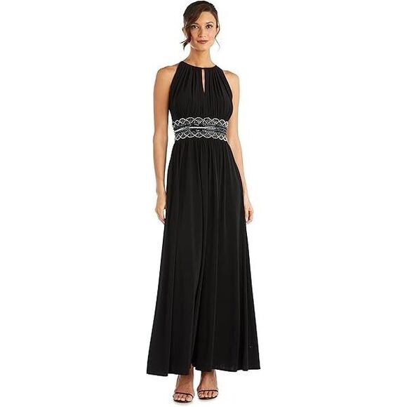 R&M Richards Dresses & Skirts - R&M Richard Gown Long Dress Black Sequin Midriff Bare Shoulders Front Slit Sz 8